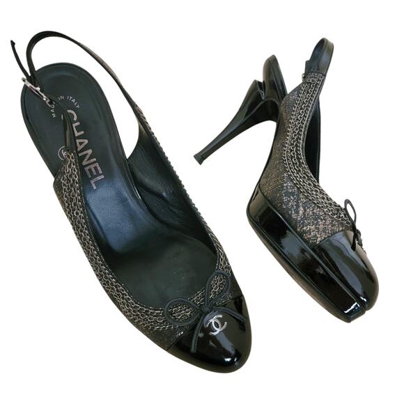 Chanel Vintage Platform Slingback Cap Toe Heels Logo CC Bow Chain Leather 39 8.5 - Picture 1 of 15